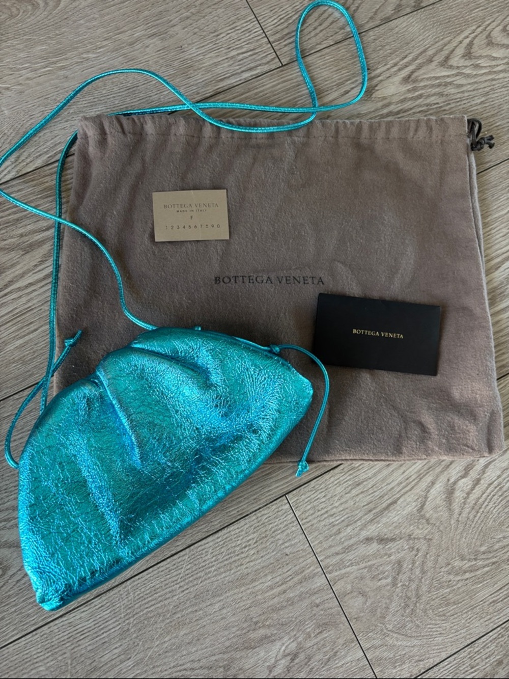 Authentic popular Bottega Veneta Metallic Turquoise Drawstring Pouch